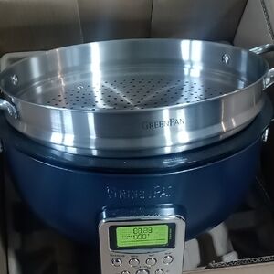 GreenPan Stainless Steel Steamer Insert with Navy Blue Cooker Base